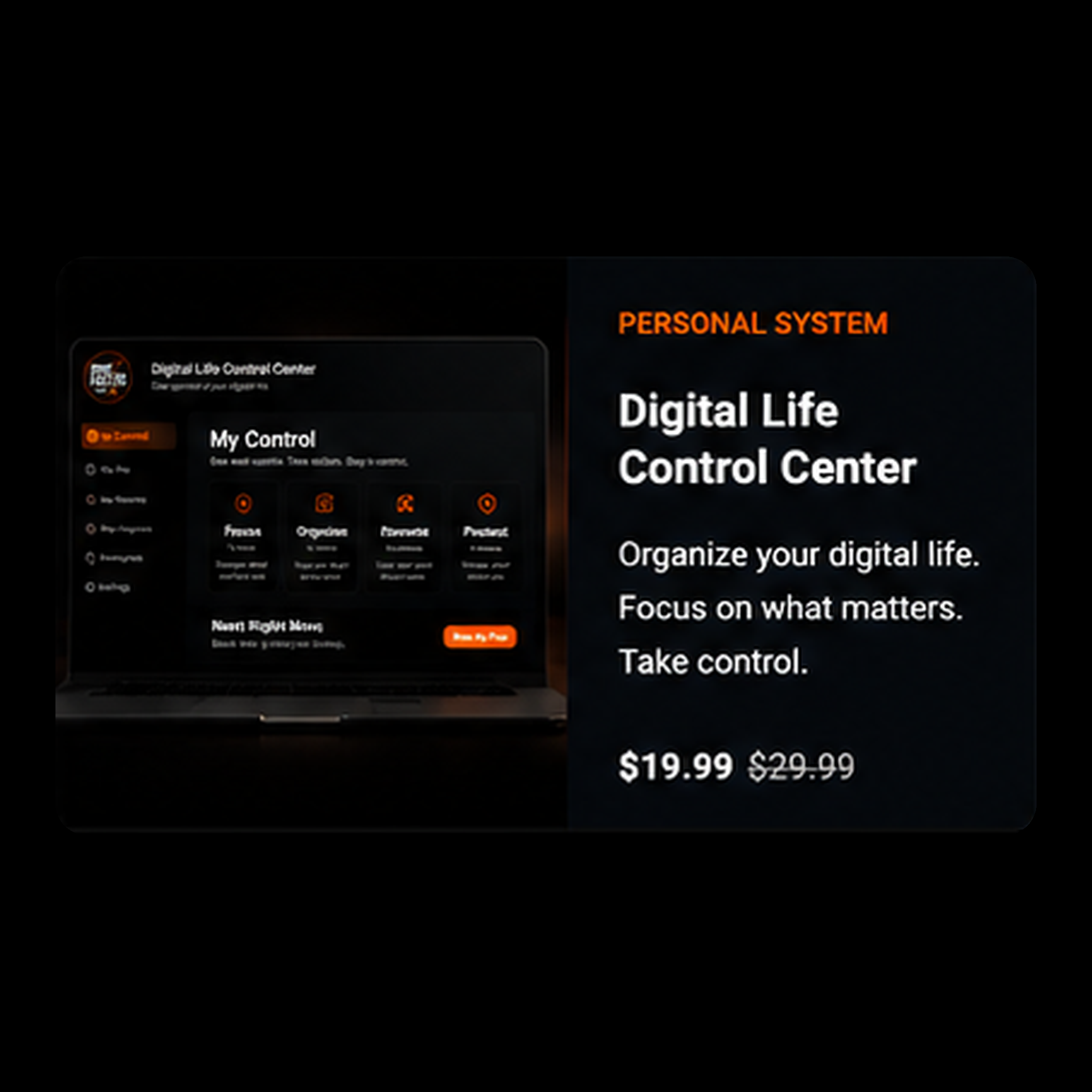 Digital Life Control Center dashboard on a laptop with product tagline and $19.99 sale price.